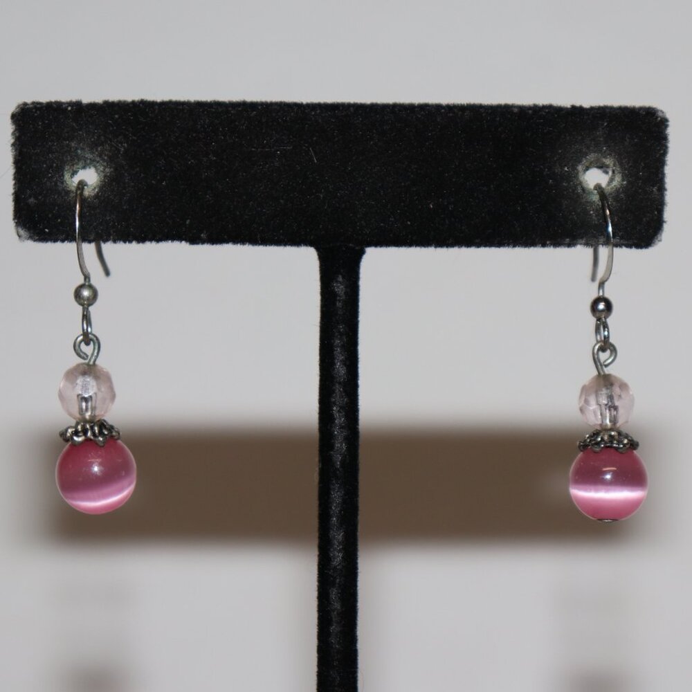 💗🤍 Silver & Pink Cat’s‑Eye Dangle Earrings · Hook · 1.25" Tall · soft glowing